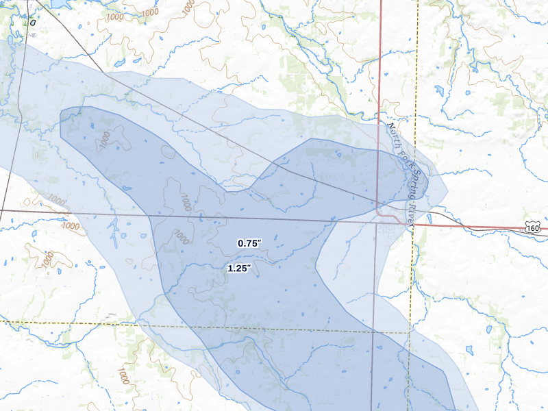 NEXRAD radar-signature map of the hail over Golden City, MO