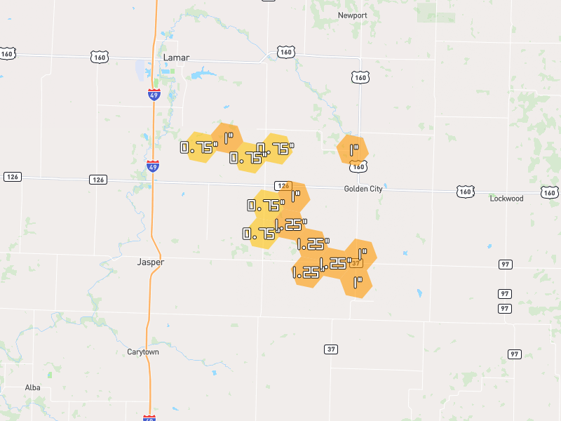Hail map of Golden City, MO on Jul 5, 2026, hail up to 1.25"