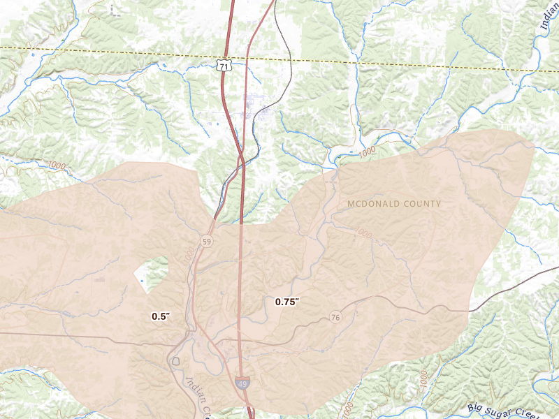 Radar-estimated hail-size map of the storm over Goodman, MO on Apr 28, 2026