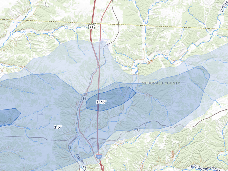 NEXRAD radar-signature map of the hail storm over Goodman, MO on Apr 28, 2026