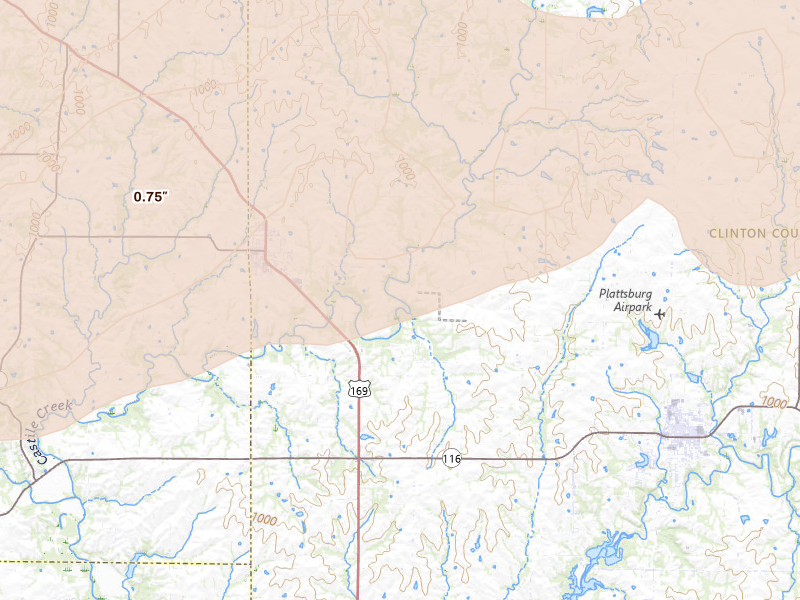 Radar-estimated hail-size map of the storm over Gower, MO on Apr 17, 2026