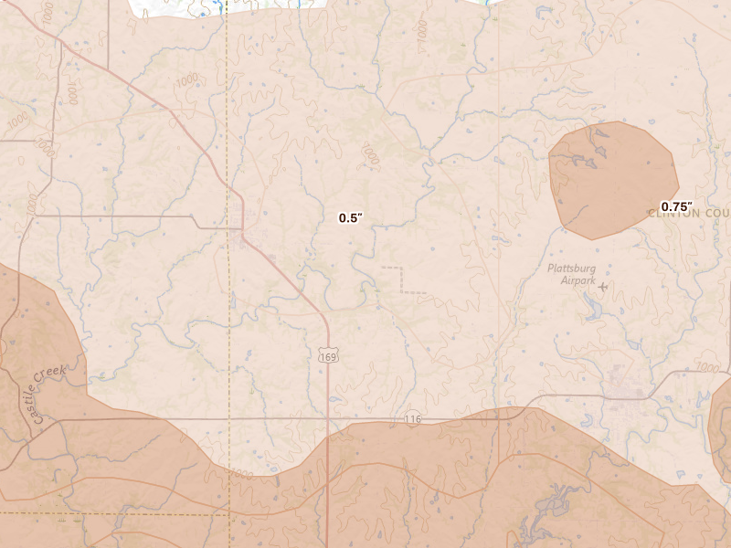 Radar-estimated hail-size map of the storm over Gower, MO on Apr 26, 2026