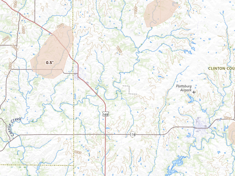 Radar-estimated hail-size map of the storm over Gower, MO on Jun 10, 2026