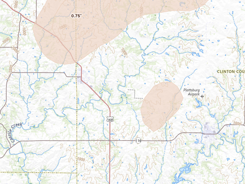 Radar-estimated hail-size map of the storm over Gower, MO on Jul 3, 2026