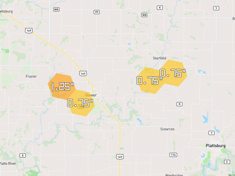 Hail map of Gower, MO on Jul 3, 2026, hail up to 1.25"