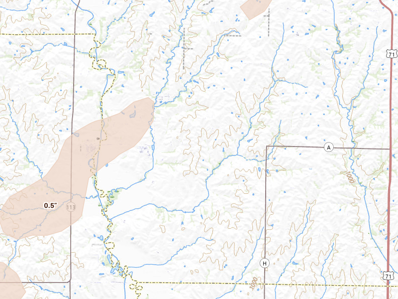 Radar-estimated hail-size map of the storm over Graham, MO on Mar 5, 2026