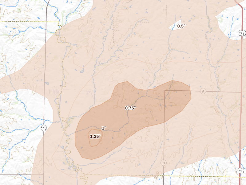 Radar-estimated hail-size map of the storm over Graham, MO on Jun 10, 2026