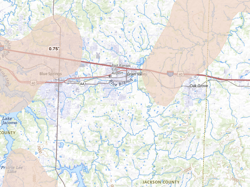 Radar-estimated hail-size map of the storm over Grain Valley, MO on Mar 10, 2026