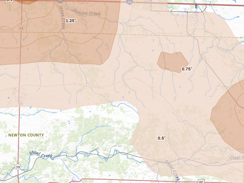 Radar-estimated hail-size map of the storm over Granby, MO on Apr 26, 2026
