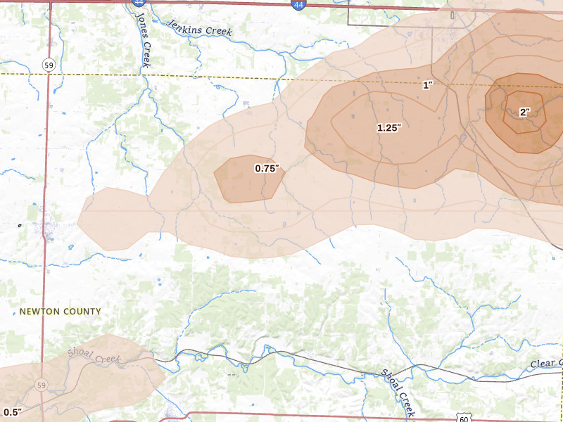 Radar-estimated hail-size map of the storm over Granby, MO on Apr 27, 2026