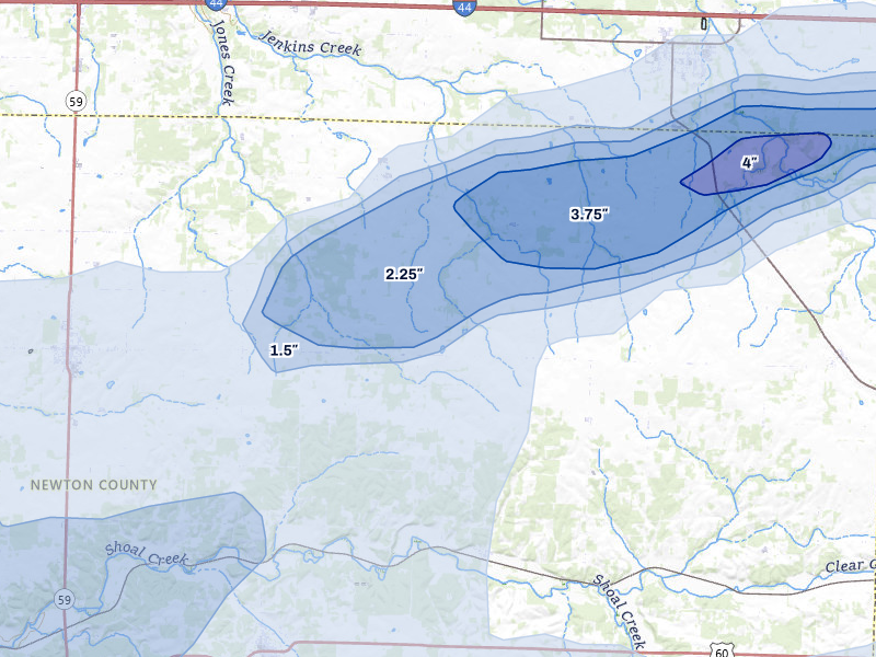 NEXRAD radar-signature map of the hail over Granby, MO