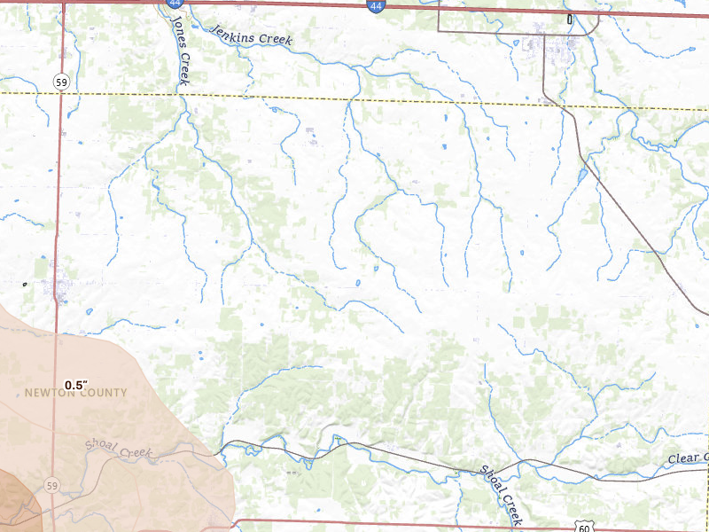 Radar-estimated hail-size map of the storm over Granby, MO on Jun 7, 2026
