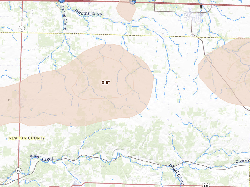Radar-estimated hail-size map of the storm over Granby, MO on Jul 4, 2026