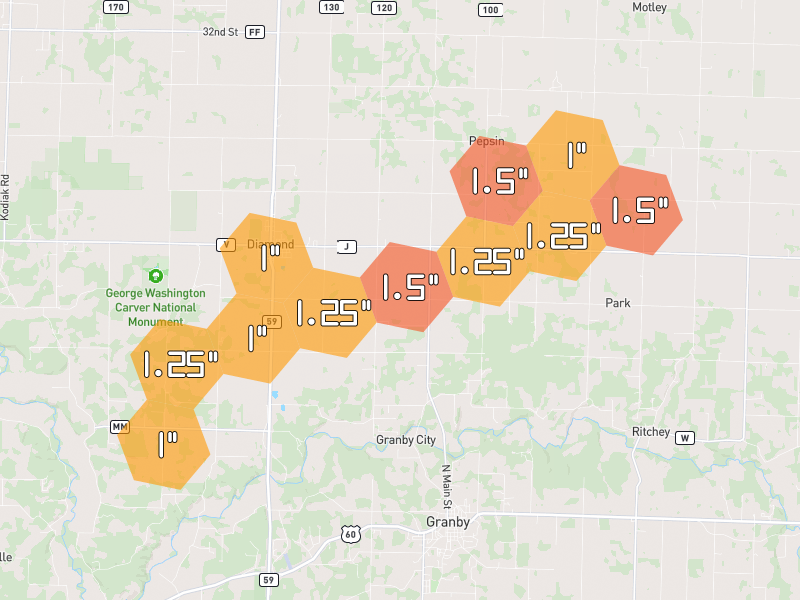 Hail map of Granby, MO on Jul 5, 2026, hail up to 1.5"