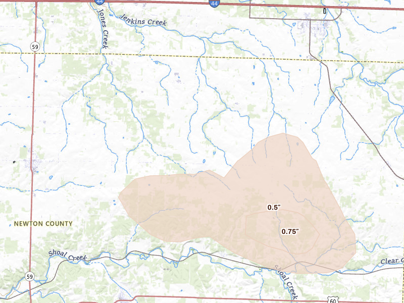 Radar-estimated hail-size map of the storm over Granby, MO on Aug 6, 2026