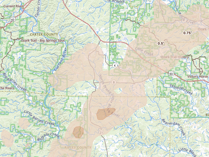 Radar-estimated hail-size map of the storm over Grandin, MO on Apr 26, 2026