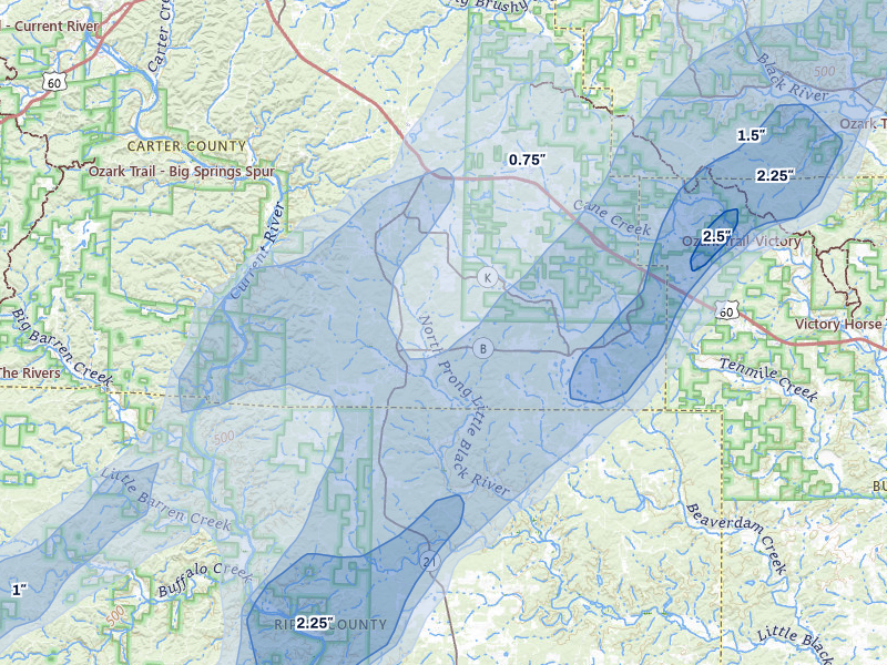 NEXRAD radar-signature map of the hail over Grandin, MO