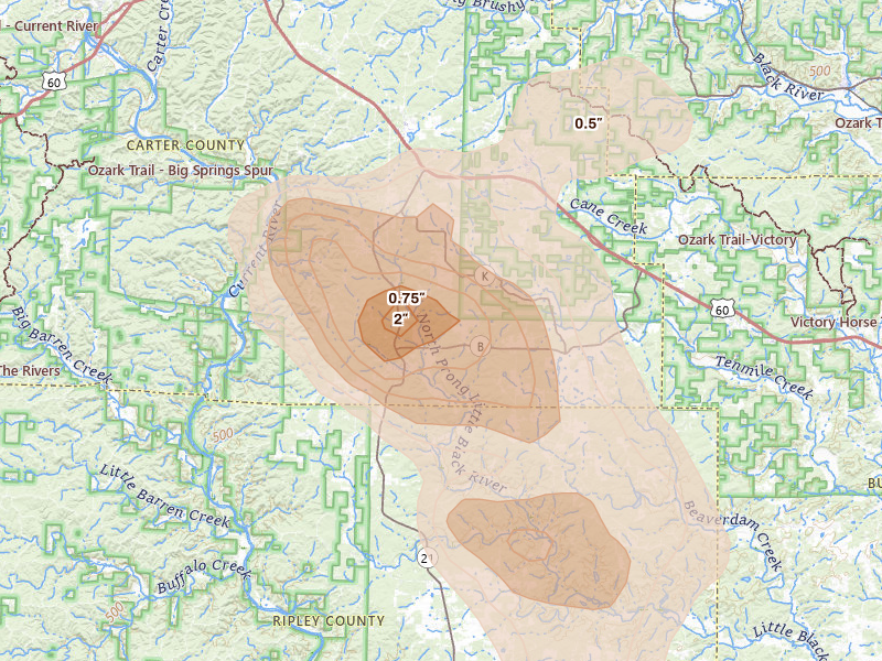 Radar-estimated hail-size map of the storm over Grandin, MO on May 31, 2026