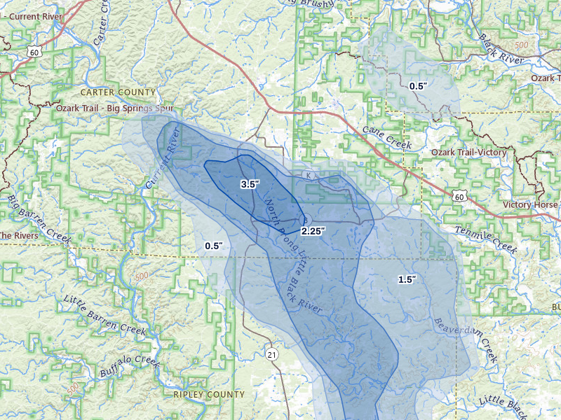 NEXRAD radar-signature map of the hail storm over Grandin, MO on May 31, 2026