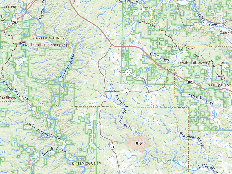 Radar-estimated hail-size map of the storm over Grandin, MO on Jun 9, 2026