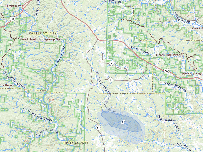 NEXRAD radar-signature map of the hail storm over Grandin, MO on Jun 9, 2026