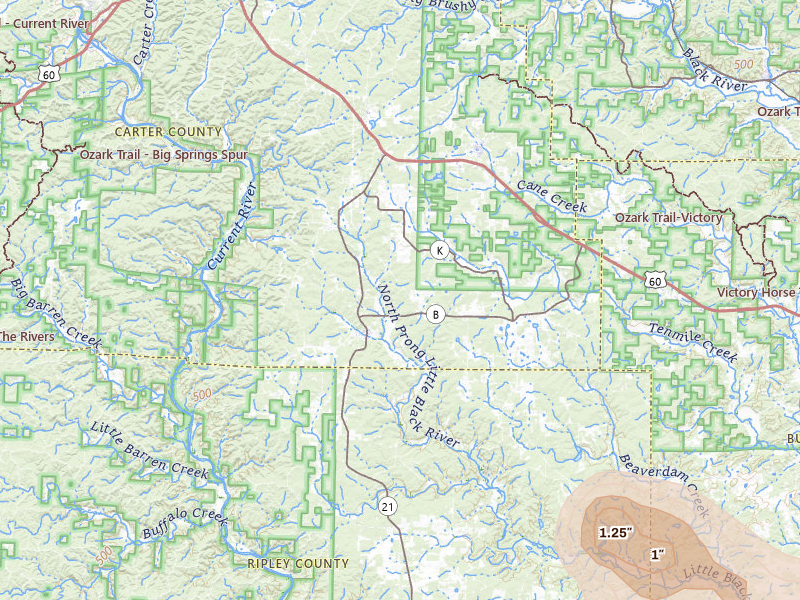 Radar-estimated hail-size map of the storm over Grandin, MO on Jul 9, 2026