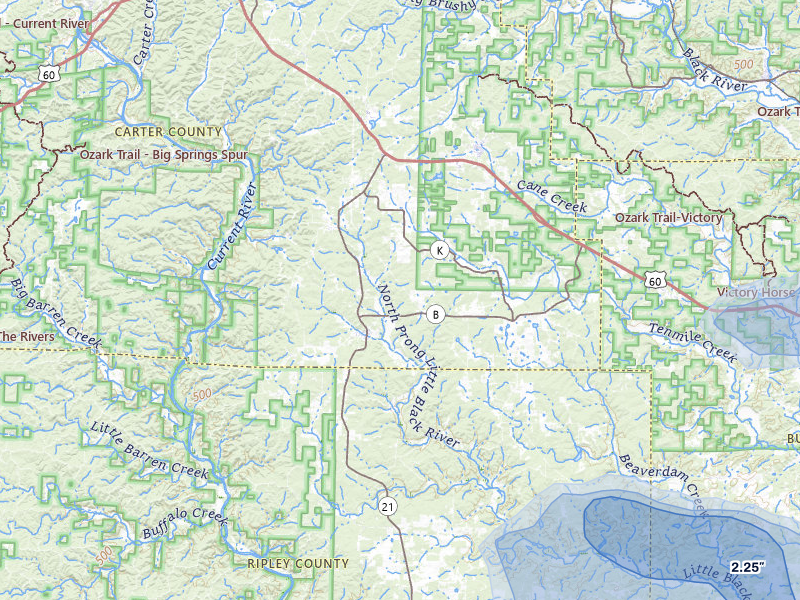 NEXRAD radar-signature map of the hail storm over Grandin, MO on Jul 9, 2026