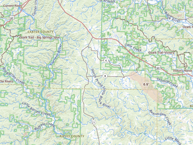 Radar-estimated hail-size map of the storm over Grandin, MO on Jul 11, 2026