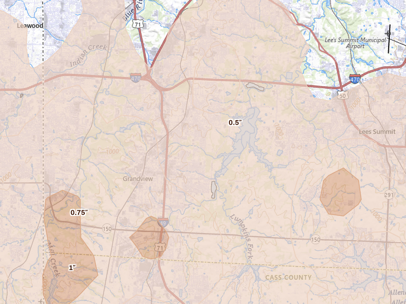 Radar-estimated hail-size map of the storm over Grandview, MO on Apr 26, 2026