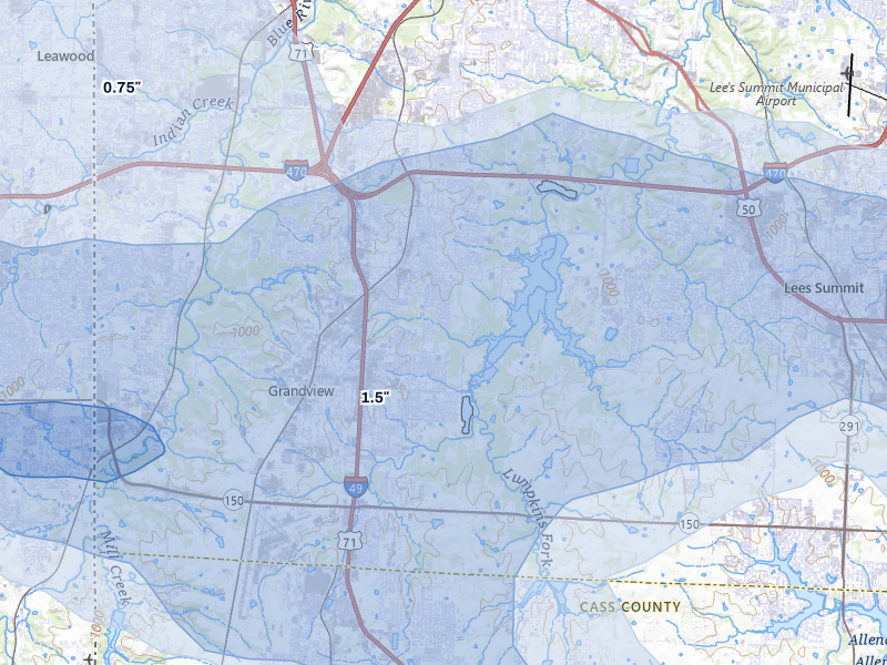 NEXRAD radar-signature map of the hail over Grandview, MO