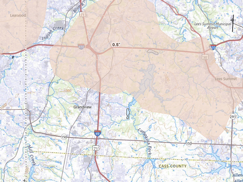 Radar-estimated hail-size map of the storm over Grandview, MO on Jul 8, 2026