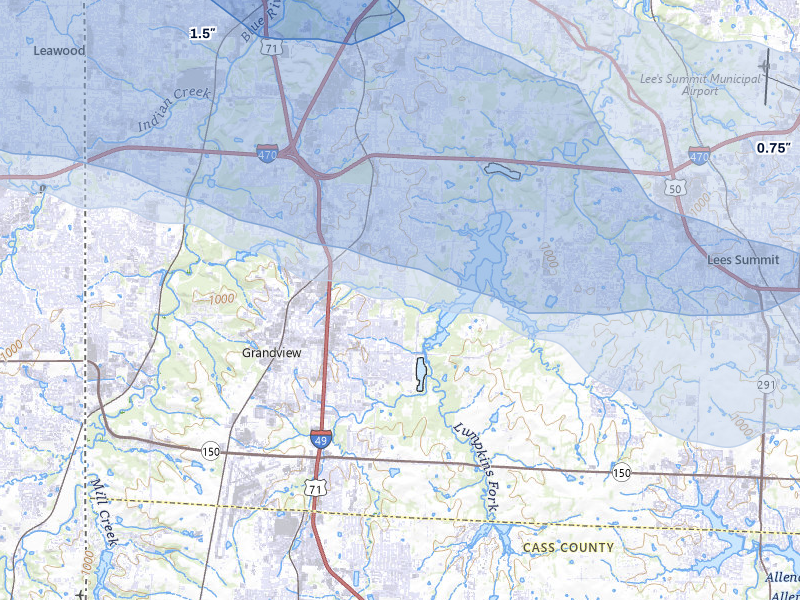 NEXRAD radar-signature map of the hail storm over Grandview, MO on Jul 8, 2026