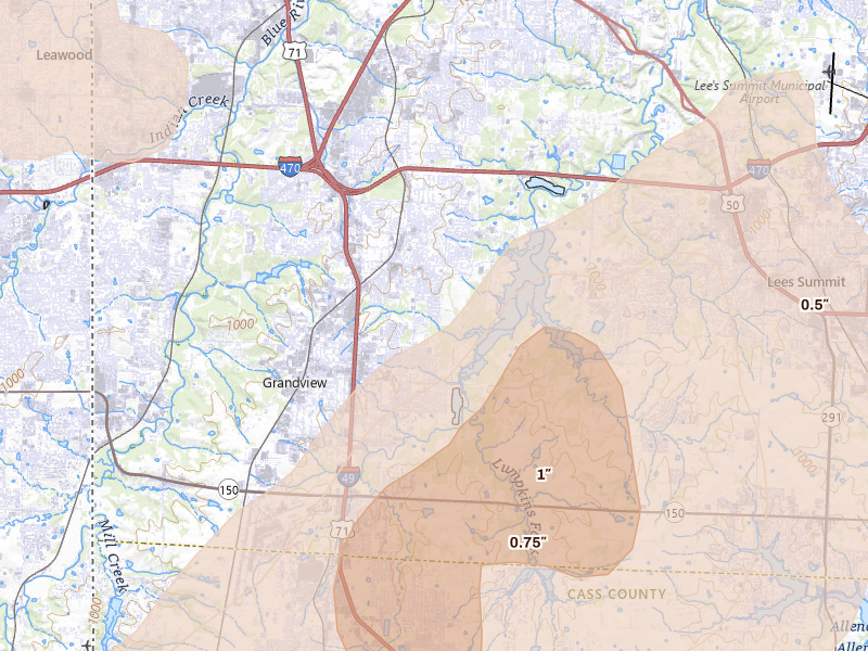 Radar-estimated hail-size map of the storm over Grandview, MO on Aug 5, 2026