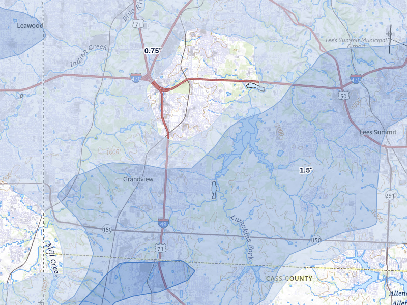 NEXRAD radar-signature map of the hail storm over Grandview, MO on Aug 5, 2026