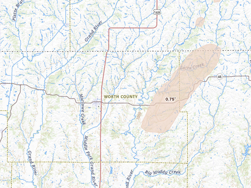 Radar-estimated hail-size map of the storm over Grant City, MO on Mar 5, 2026
