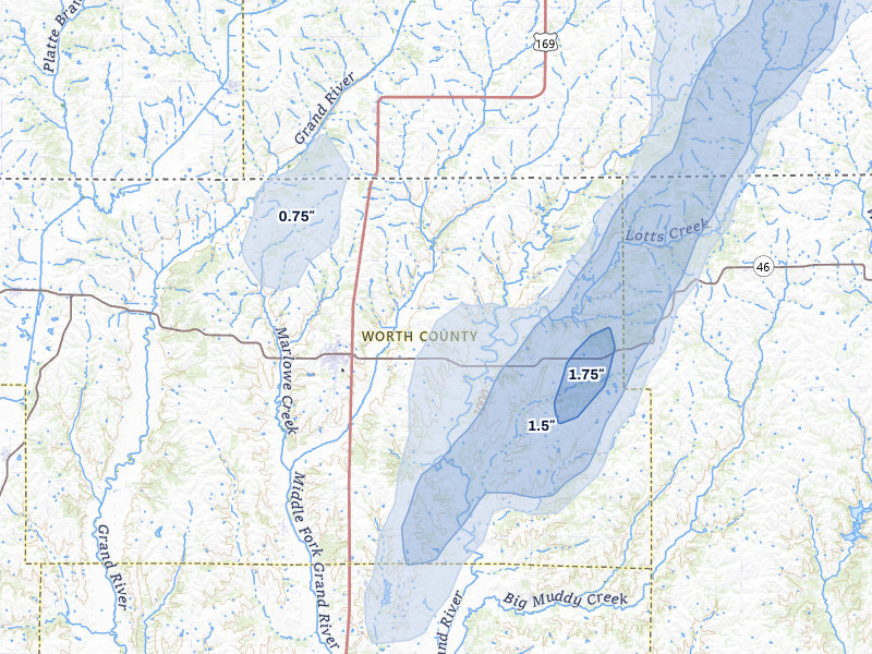NEXRAD radar-signature map of the hail storm over Grant City, MO on Mar 5, 2026