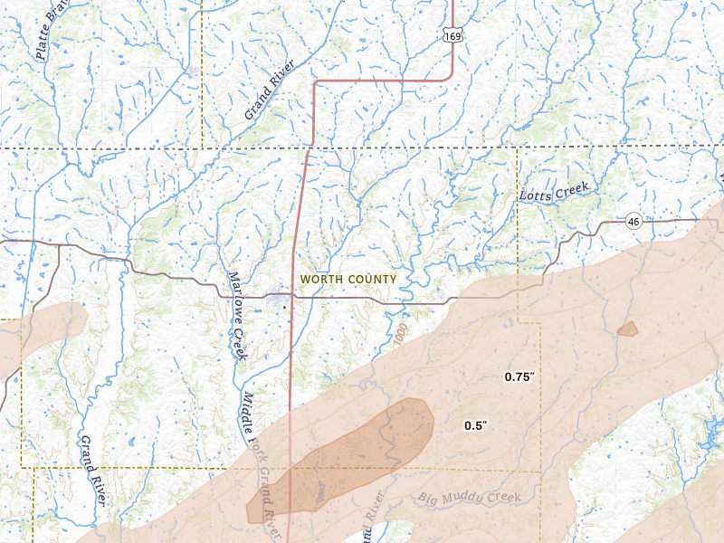 Radar-estimated hail-size map of the storm over Grant City, MO on Apr 17, 2026