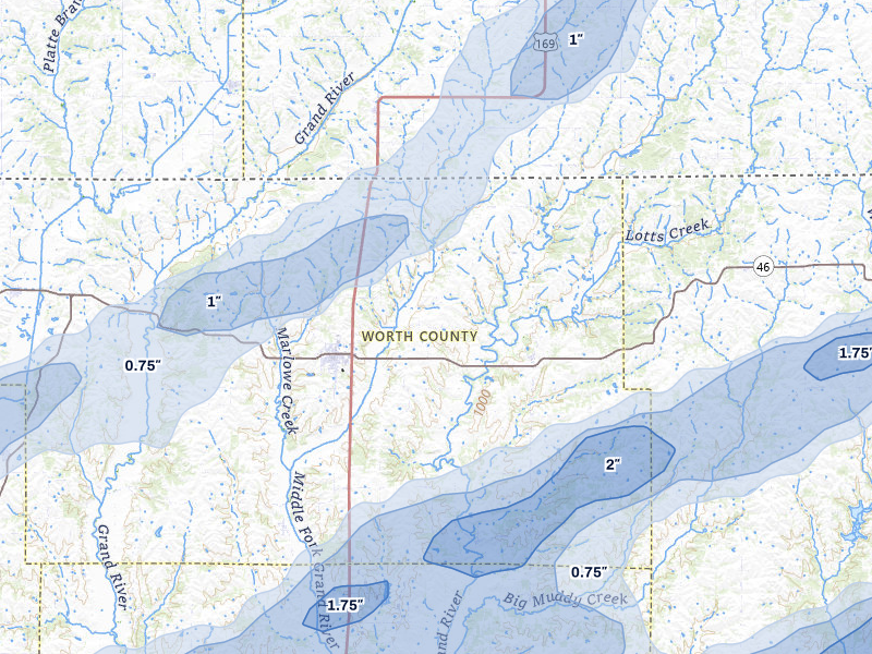 NEXRAD radar-signature map of the hail over Grant City, MO