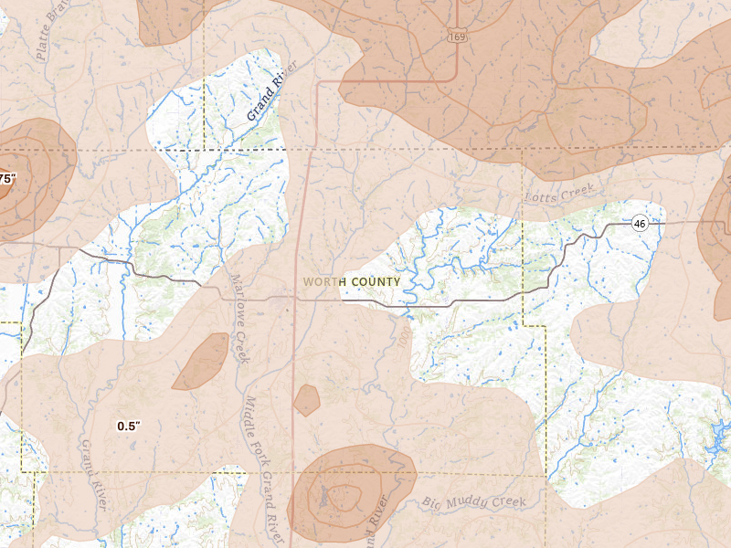 Radar-estimated hail-size map of the storm over Grant City, MO on May 16, 2026