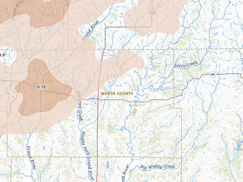 Radar-estimated hail-size map of the storm over Grant City, MO on May 18, 2026
