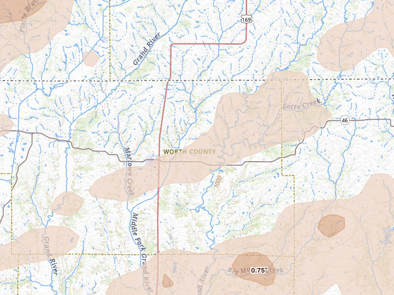 Radar-estimated hail-size map of the storm over Grant City, MO on Jun 10, 2026