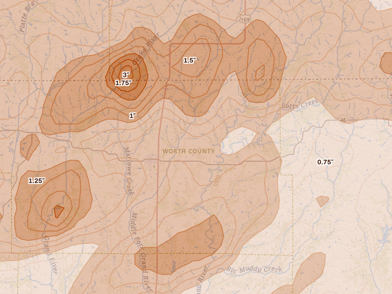 Radar-estimated hail-size map of the storm over Grant City, MO on Jun 11, 2026