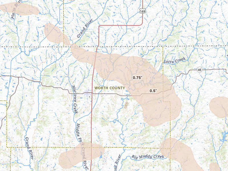 Radar-estimated hail-size map of the storm over Grant City, MO