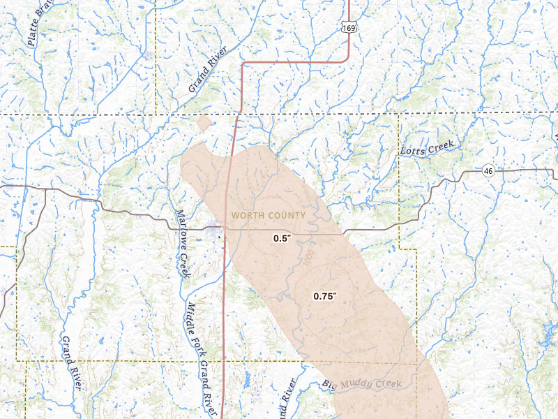 Radar-estimated hail-size map of the storm over Grant City, MO on Jul 20, 2026
