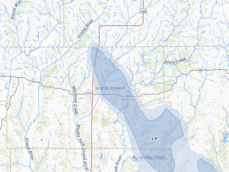 NEXRAD radar-signature map of the hail storm over Grant City, MO on Jul 20, 2026
