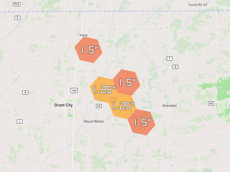 Hail map of Grant City, MO on Jul 21, 2026, hail up to 1.5"