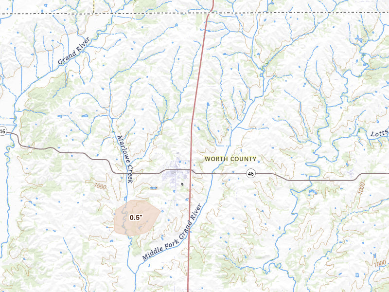 Radar-estimated hail-size map of the storm over Grant City, MO on Aug 14, 2026