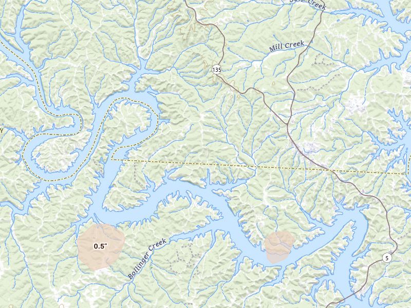 Radar-estimated hail-size map of the storm over Gravois Mills, MO on May 31, 2026
