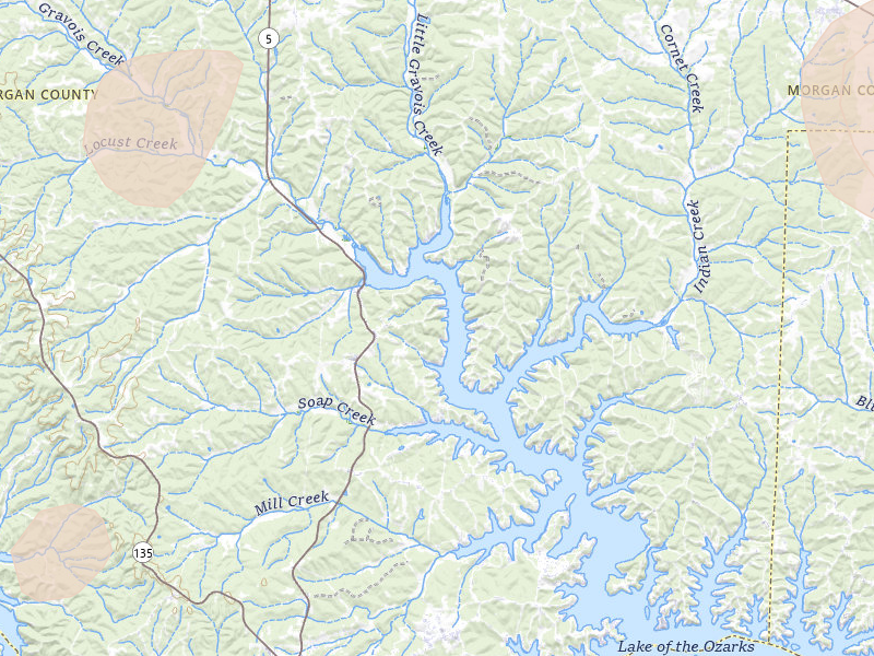 Radar-estimated hail-size map of the storm over Gravois Mills, MO on Jul 4, 2026