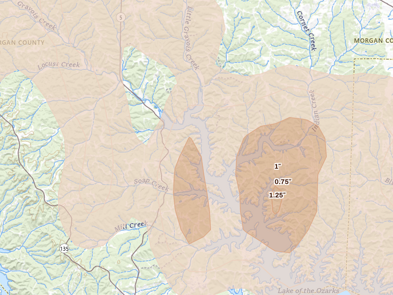 Radar-estimated hail-size map of the storm over Gravois Mills, MO on Aug 18, 2026
